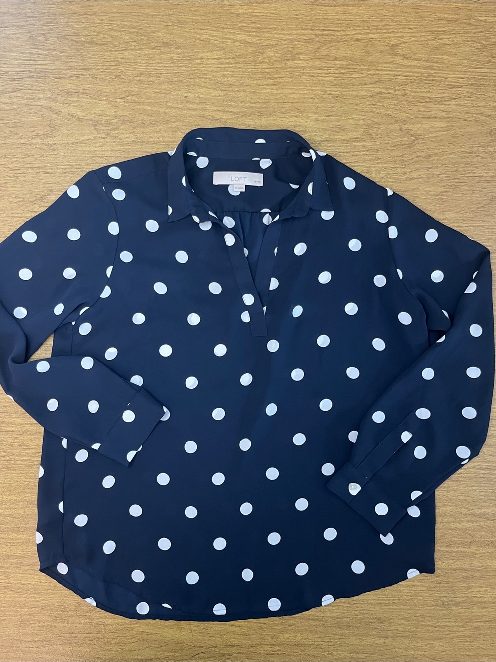 LOFT Navy and White Polka Dot Long-Sleeve Collar Blouse, V-Neck Pullover, Sz Mp
